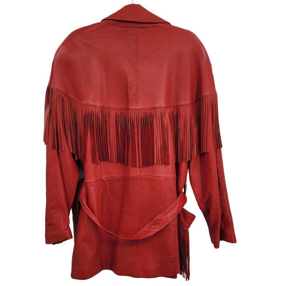 Vintage Leather Fringed Jacket Coat L Red Oversized Belted Rodeo Cowgirl Boho - Picture 2 of 16